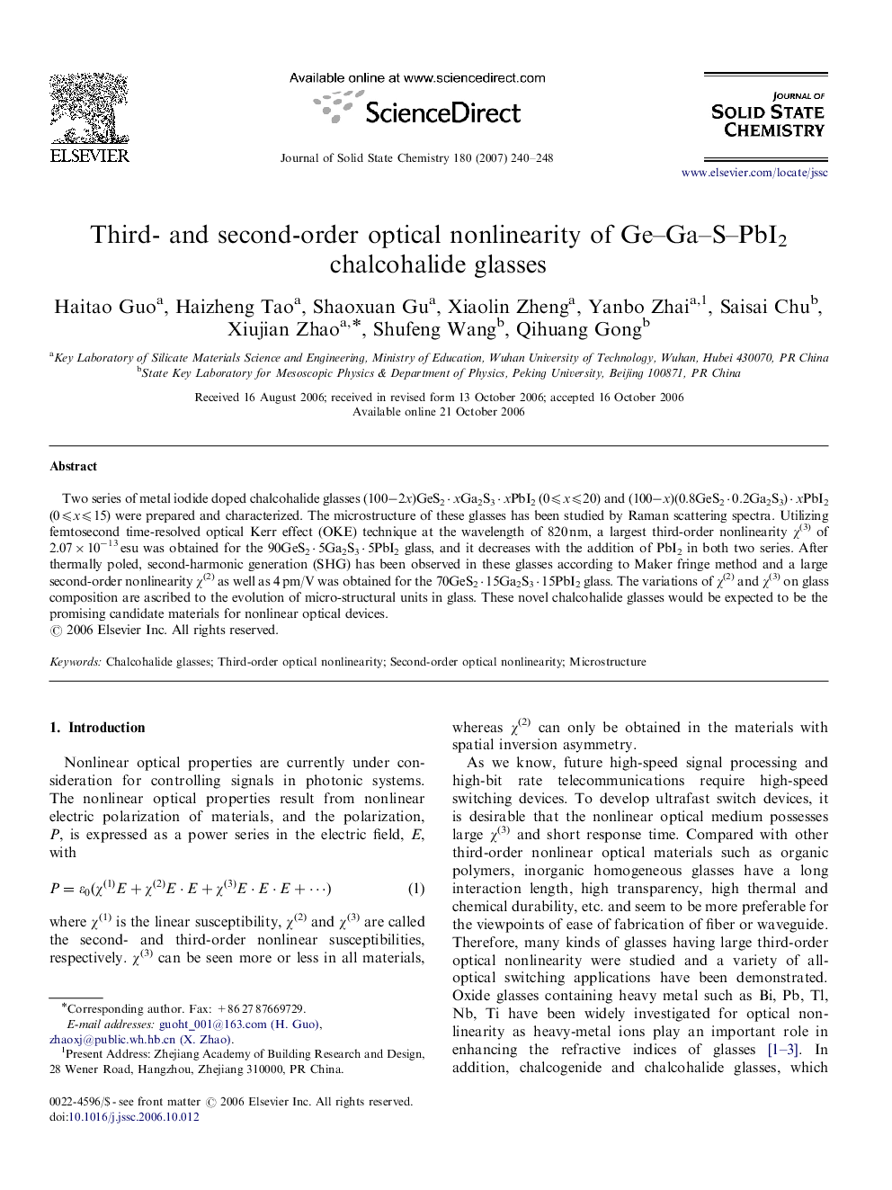 Third- and second-order optical nonlinearity of Ge–Ga–S–PbI2 chalcohalide glasses