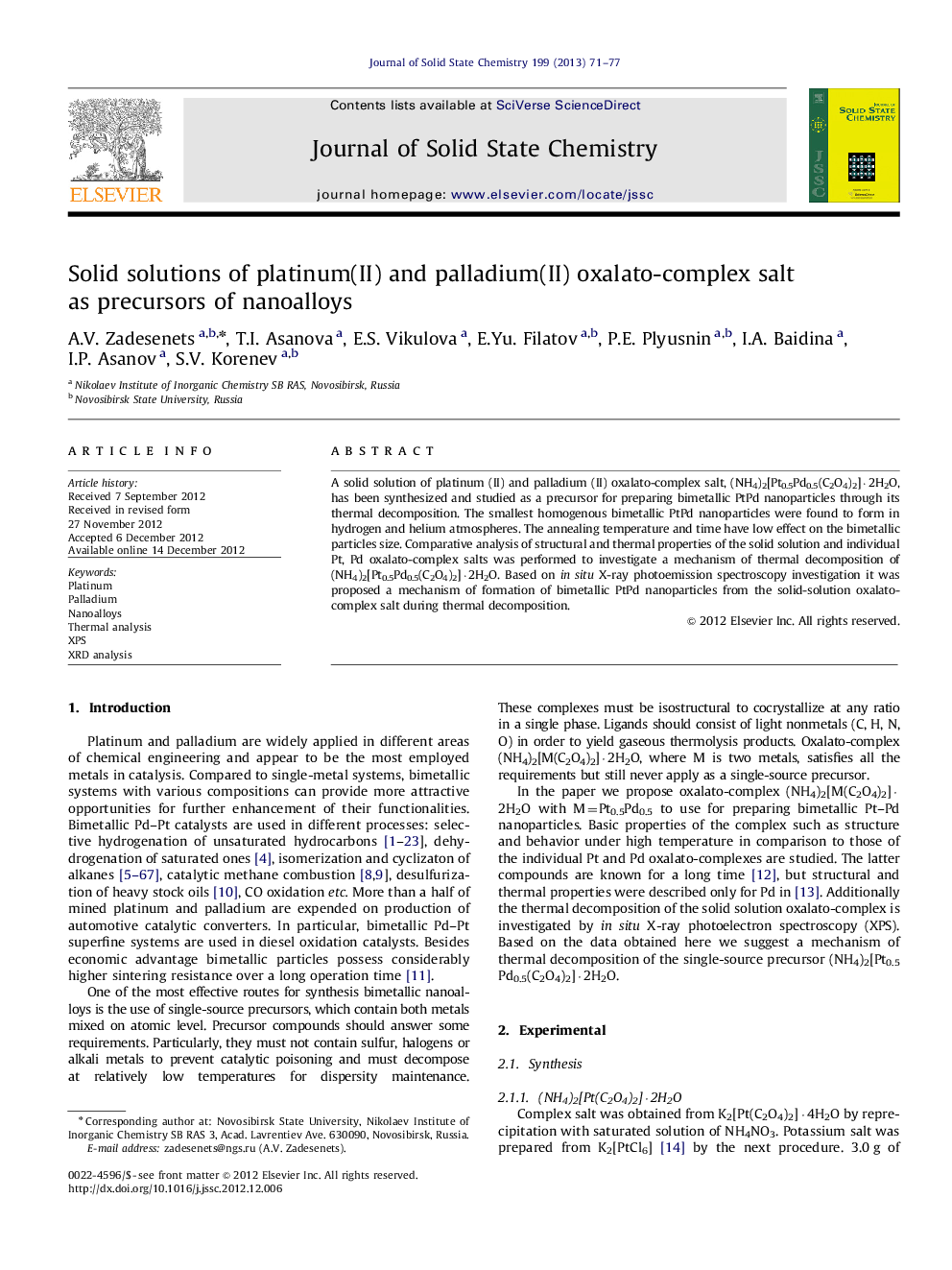 Solid solutions of platinum(II) and palladium(II) oxalato-complex salt as precursors of nanoalloys