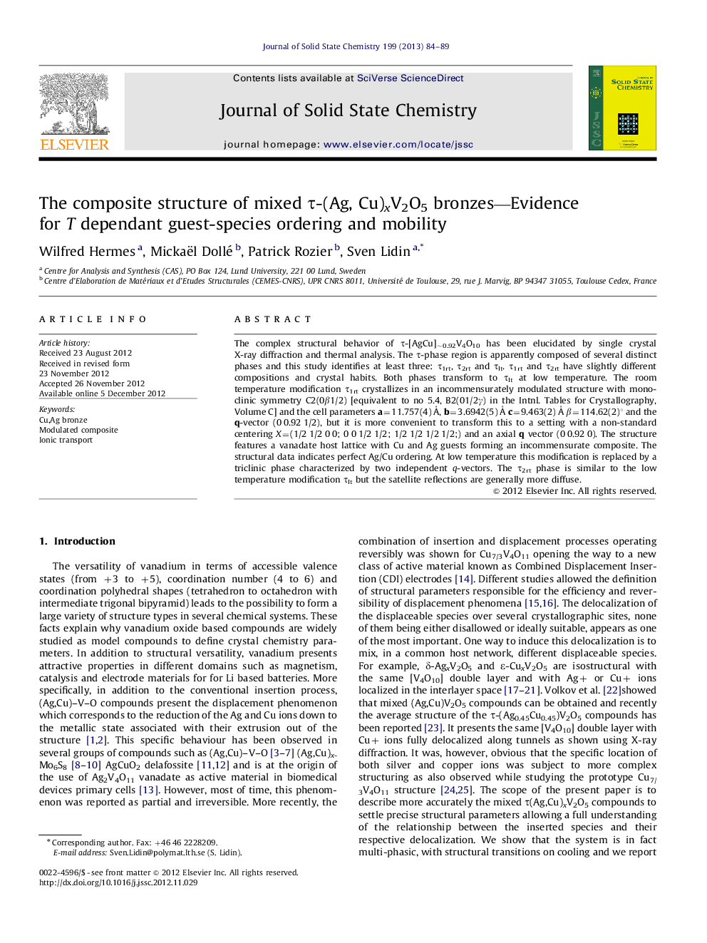 The composite structure of mixed τ-(Ag, Cu)xV2O5 bronzes—Evidence for T dependant guest-species ordering and mobility