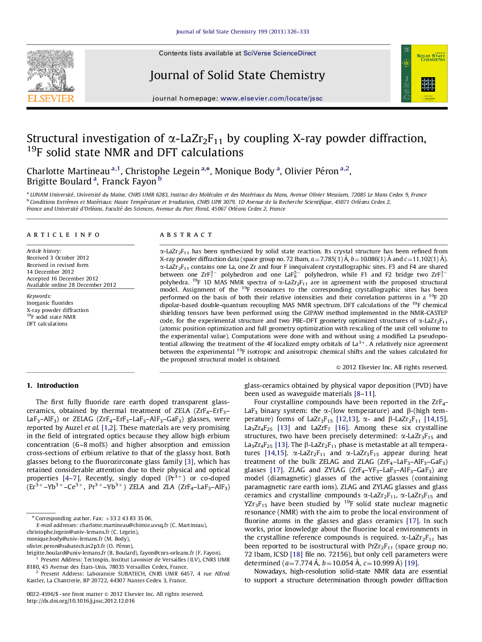 Structural investigation of α-LaZr2F11 by coupling X-ray powder diffraction, 19F solid state NMR and DFT calculations