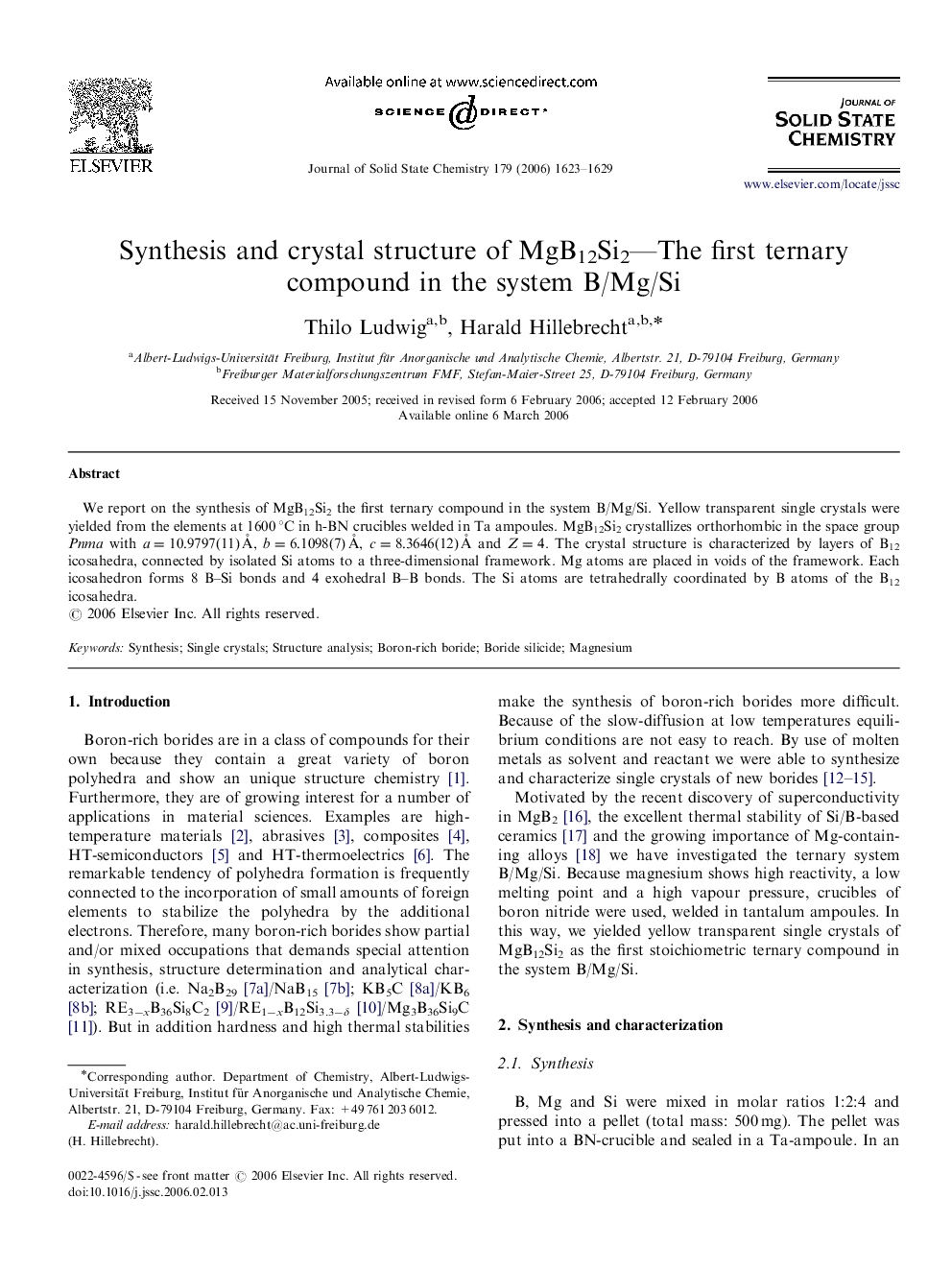 Synthesis and crystal structure of MgB12Si2—The first ternary compound in the system B/Mg/Si