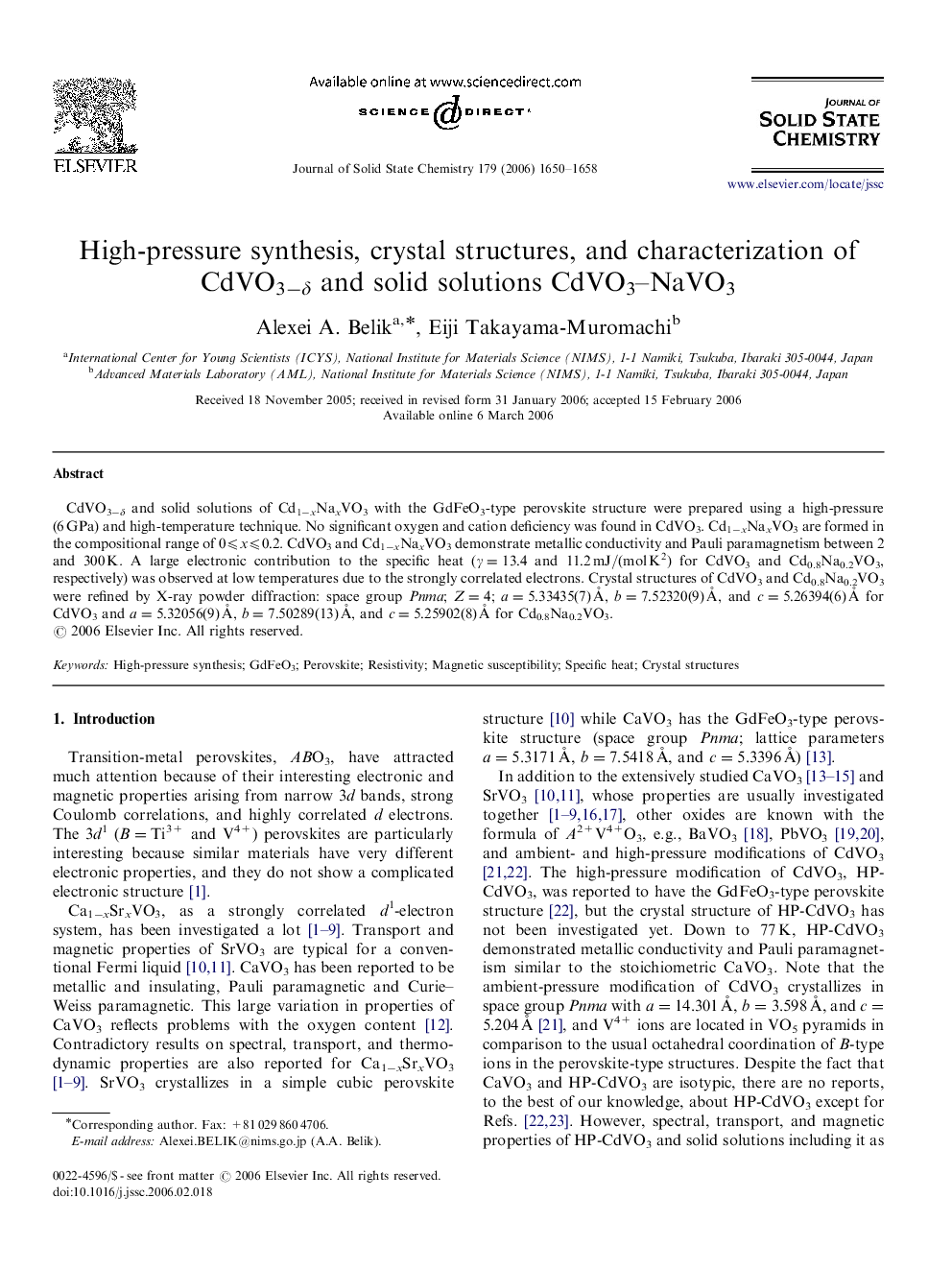 High-pressure synthesis, crystal structures, and characterization of CdVO3−δ and solid solutions CdVO3–NaVO3