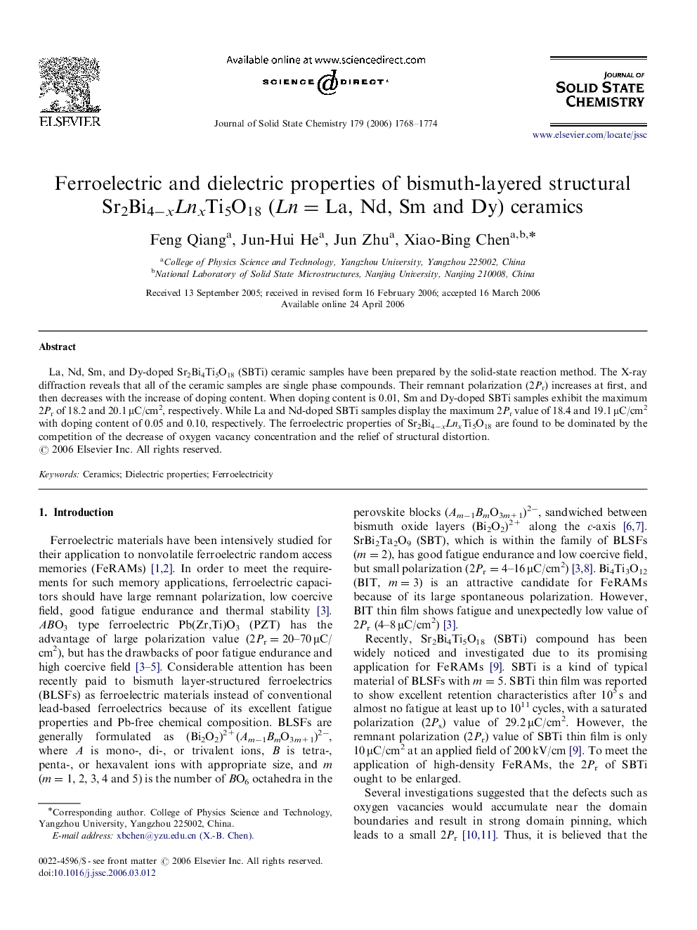عکس صفحه اول مقاله: Ferroelectric and dielectric properties of bismuth-layered structural Sr2Bi4−xLnxTi5O18 (Ln=La, Nd, Sm and Dy) ceramics Ferroelectric and dielectric properties of bismuth-layered structural Sr2Bi4−xLnxTi5O18 (Ln=La, Nd, Sm and Dy) ceramics