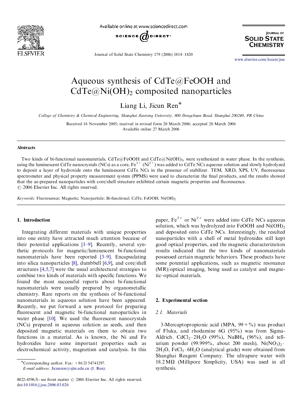 Aqueous synthesis of CdTe@FeOOH and CdTe@Ni(OH)2 composited nanoparticles