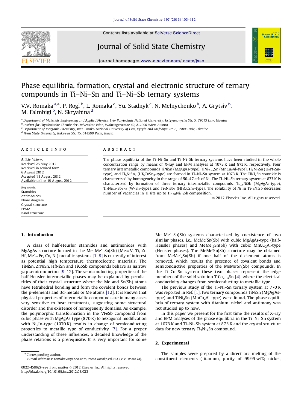 Phase equilibria, formation, crystal and electronic structure of ternary compounds in Ti–Ni–Sn and Ti–Ni–Sb ternary systems