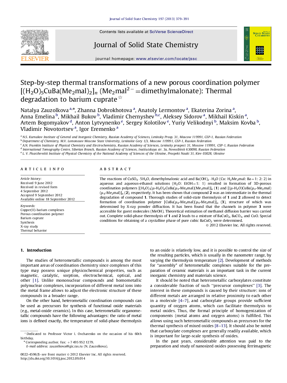 Step-by-step thermal transformations of a new porous coordination polymer [(H2O)5CuBa(Me2mal)2]n (Me2mal2−=dimethylmalonate): Thermal degradation to barium cuprate 