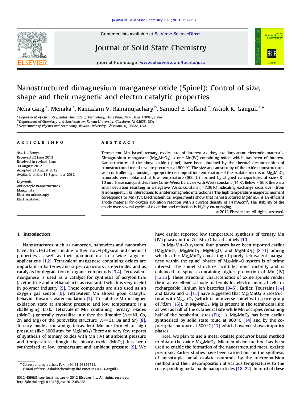 Nanostructured dimagnesium manganese oxide (Spinel): Control of size, shape and their magnetic and electro catalytic properties