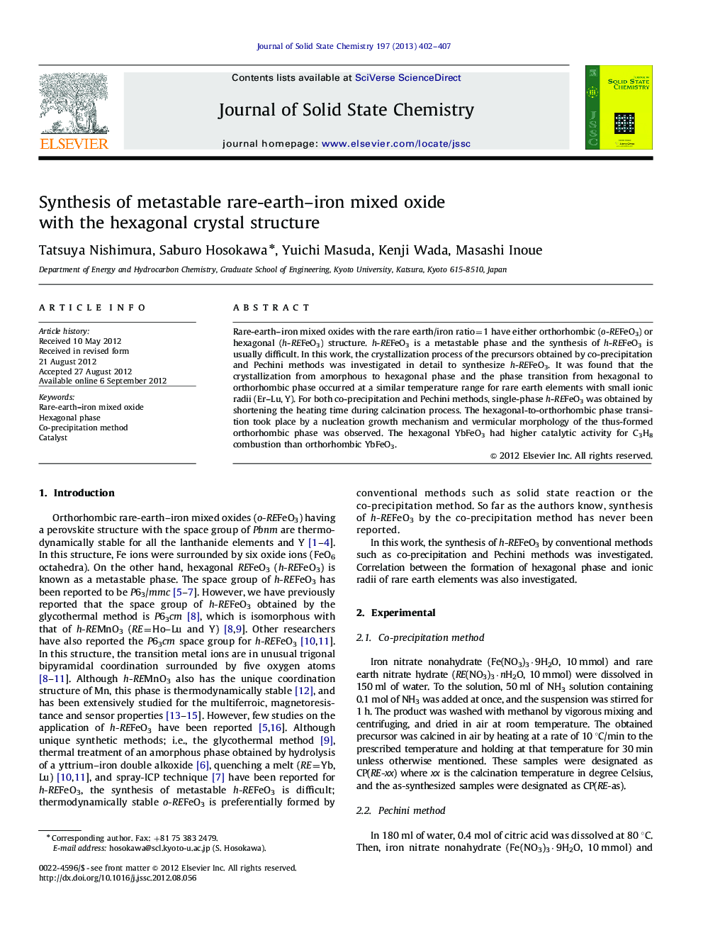 Synthesis of metastable rare-earth–iron mixed oxide with the hexagonal crystal structure