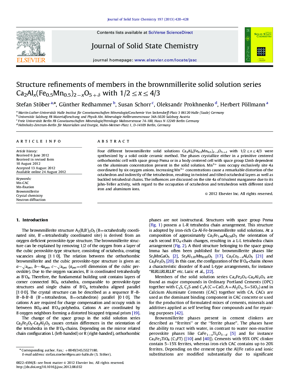 Structure refinements of members in the brownmillerite solid solution series Ca2Alx(Fe0.5Mn0.5)2−xO5+δ with 1/2≤x≤4/3