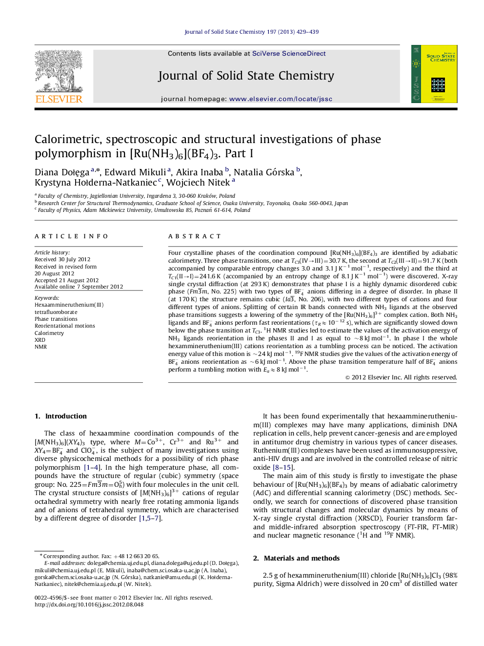 Calorimetric, spectroscopic and structural investigations of phase polymorphism in [Ru(NH3)6](BF4)3. Part I