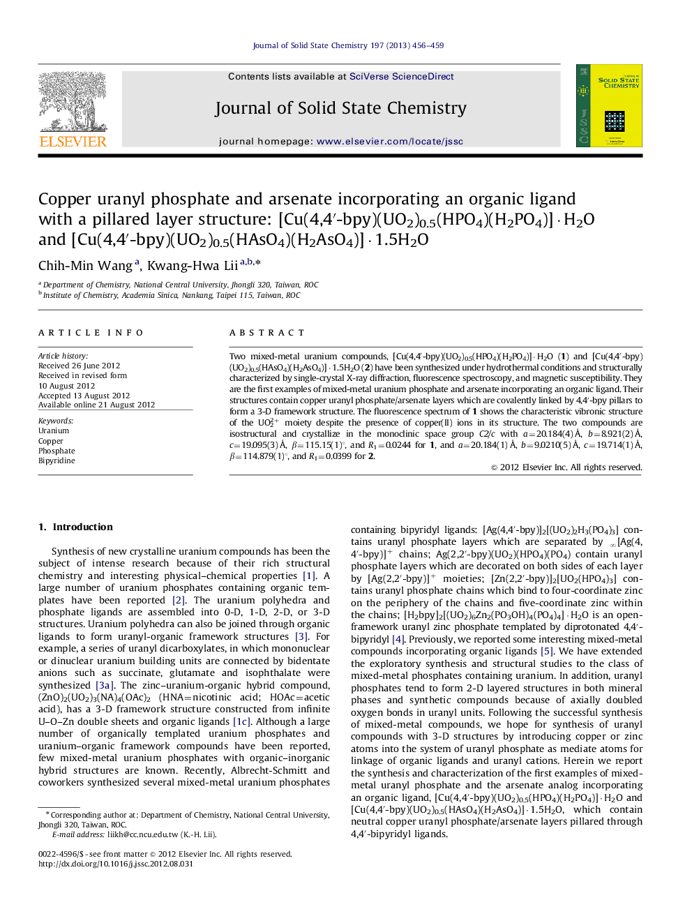 Copper uranyl phosphate and arsenate incorporating an organic ligand with a pillared layer structure: [Cu(4,4′-bpy)(UO2)0.5(HPO4)(H2PO4)]·H2O and [Cu(4,4′-bpy)(UO2)0.5(HAsO4)(H2AsO4)]·1.5H2O