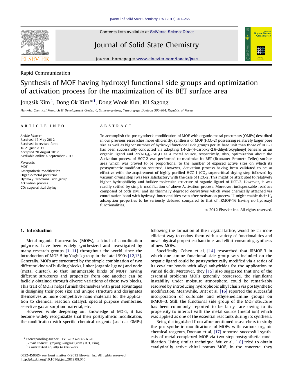 Synthesis of MOF having hydroxyl functional side groups and optimization of activation process for the maximization of its BET surface area