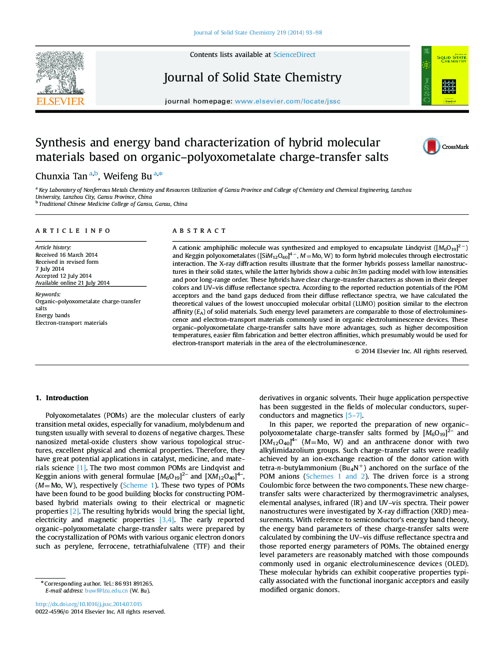 Synthesis and energy band characterization of hybrid molecular materials based on organic–polyoxometalate charge-transfer salts