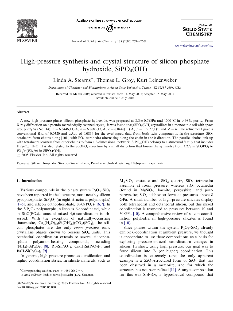 High-pressure synthesis and crystal structure of silicon phosphate hydroxide, SiPO4(OH)