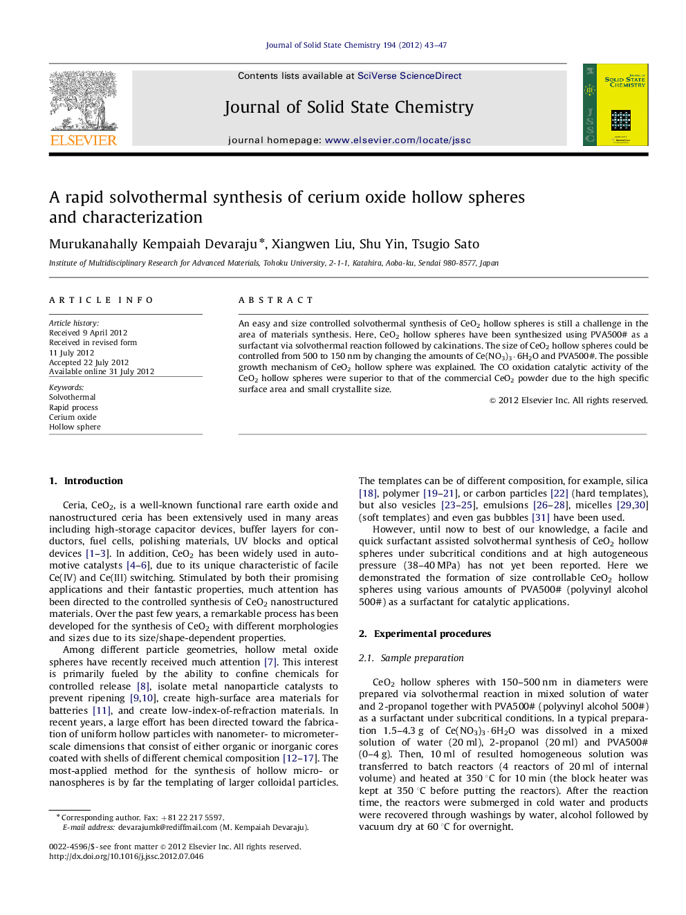 A rapid solvothermal synthesis of cerium oxide hollow spheres and characterization