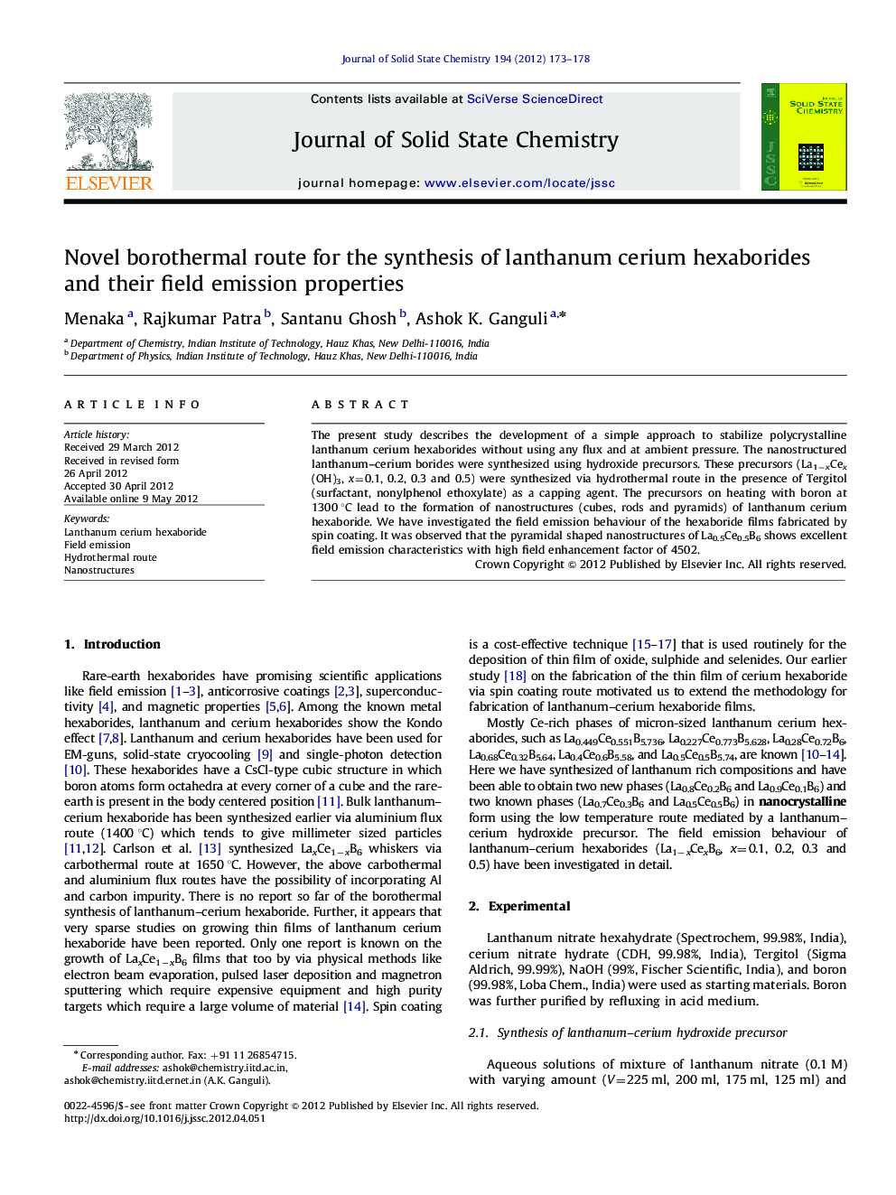 Novel borothermal route for the synthesis of lanthanum cerium hexaborides and their field emission properties