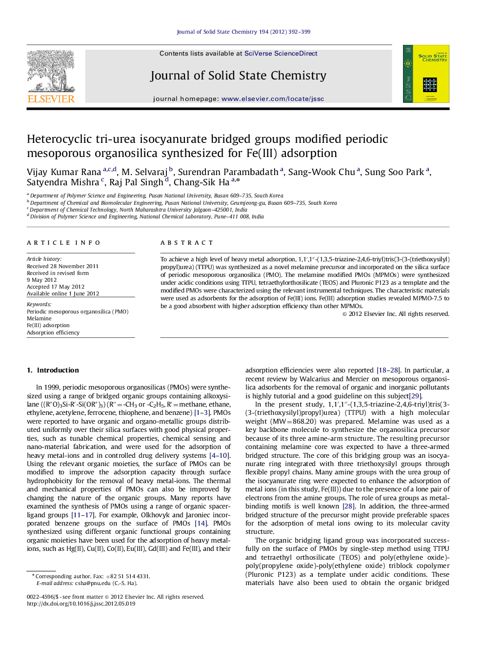 Heterocyclic tri-urea isocyanurate bridged groups modified periodic mesoporous organosilica synthesized for Fe(III) adsorption