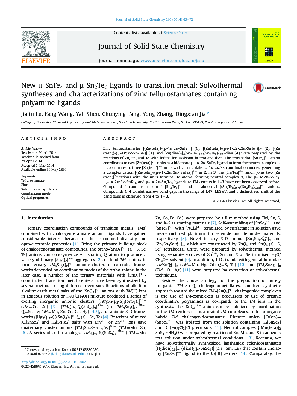 New μ-SnTe4 and μ-Sn2Te6 ligands to transition metal: Solvothermal syntheses and characterizations of zinc tellurostannates containing polyamine ligands