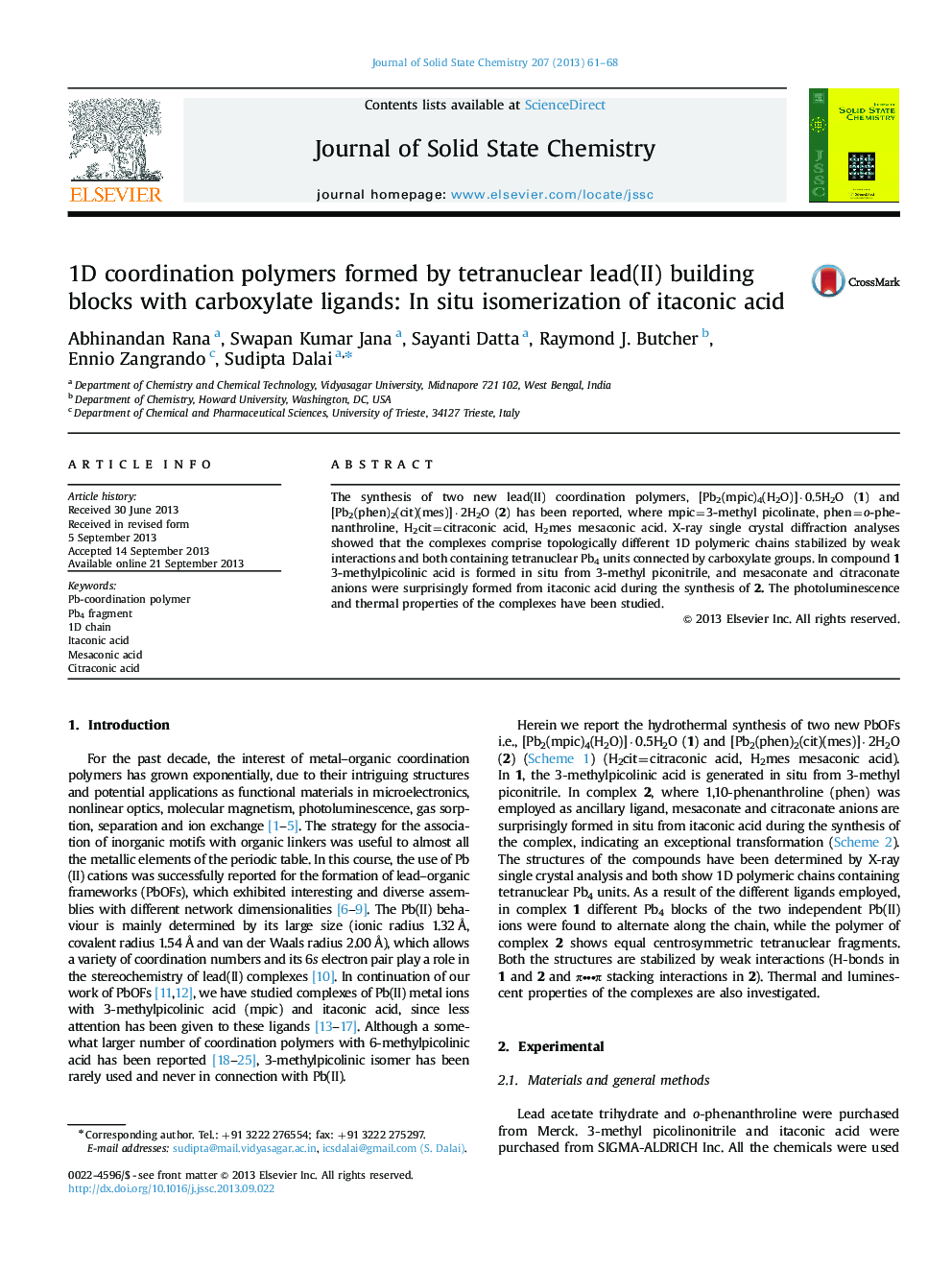 1D coordination polymers formed by tetranuclear lead(II) building blocks with carboxylate ligands: In situ isomerization of itaconic acid