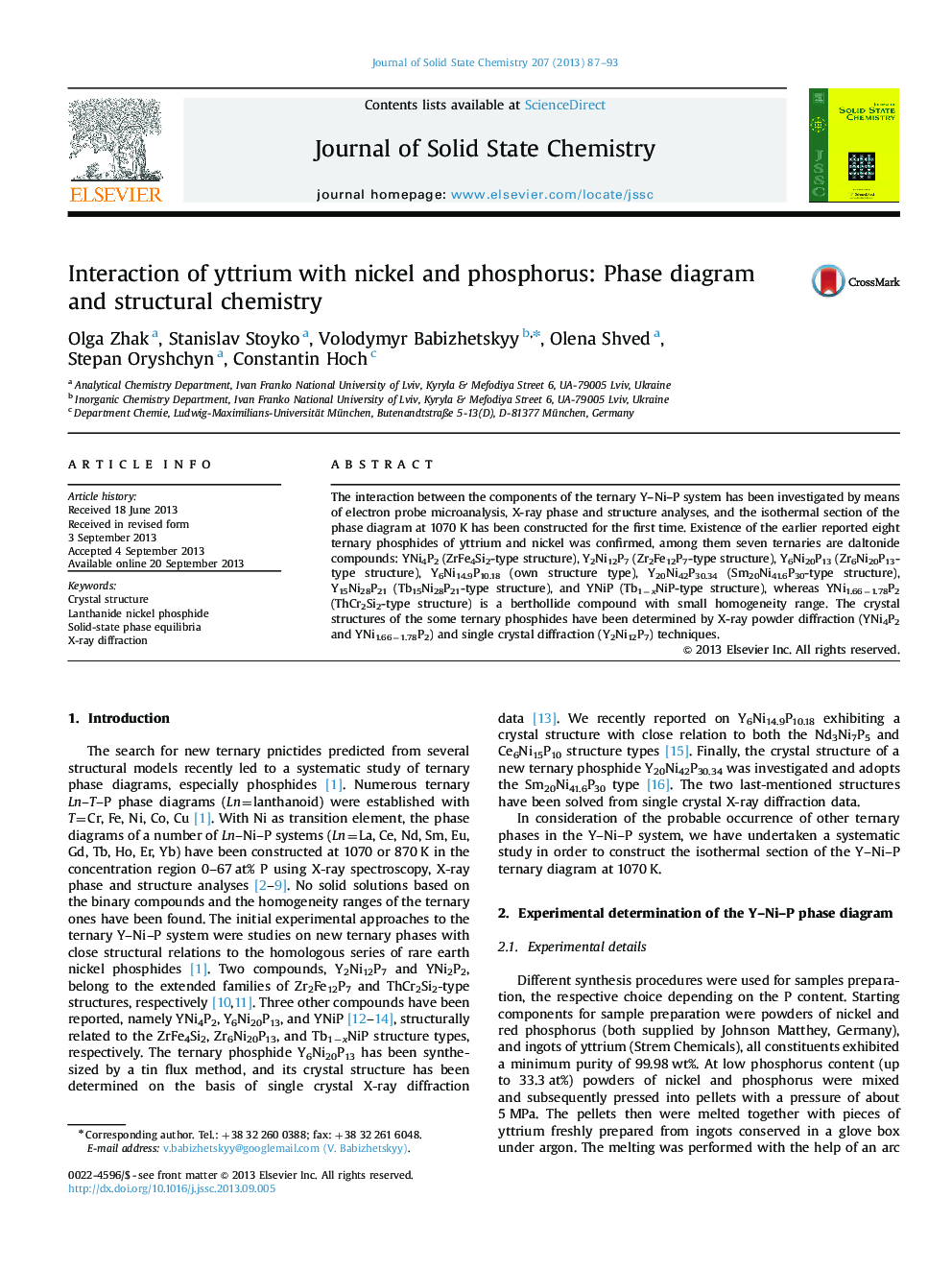 Interaction of yttrium with nickel and phosphorus: Phase diagram and structural chemistry