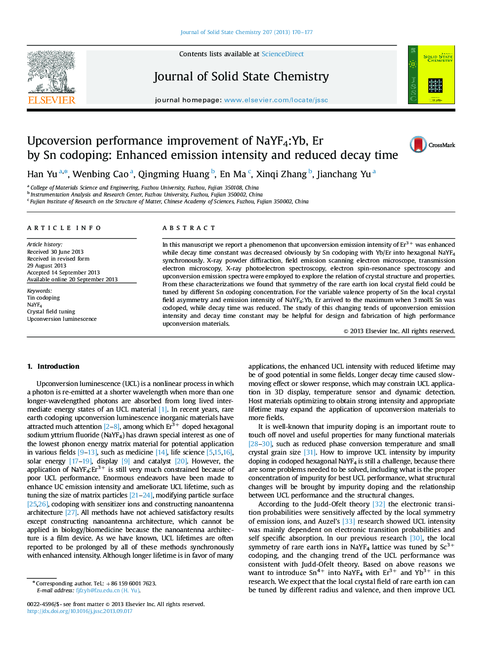 Upcoversion performance improvement of NaYF4:Yb, Er by Sn codoping: Enhanced emission intensity and reduced decay time