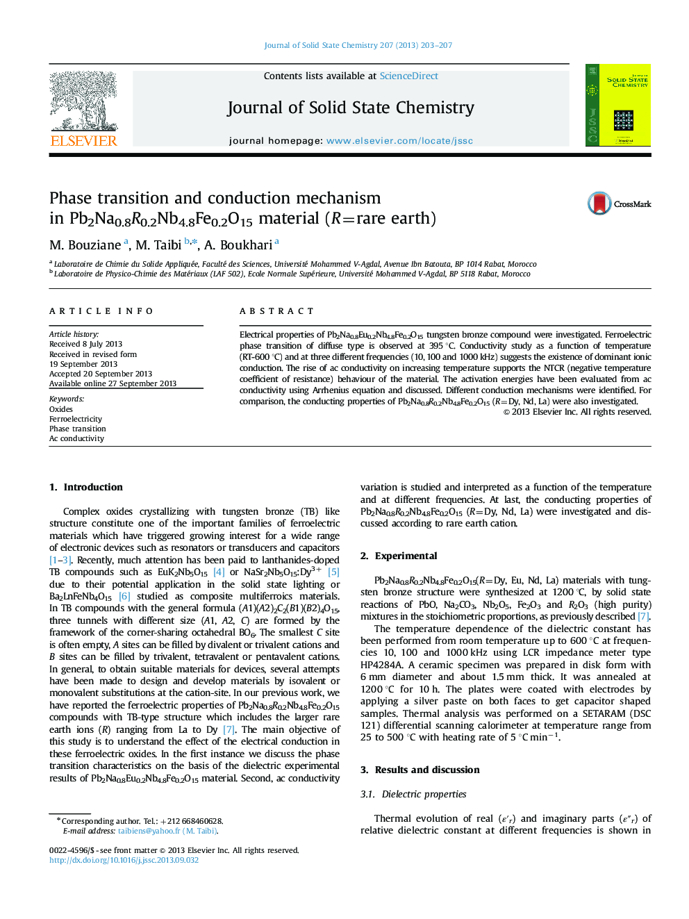 عکس صفحه اول مقاله: Phase transition and conduction mechanism in Pb2Na0.8R0.2Nb4.8Fe0.2O15 material (R=rare earth) Phase transition and conduction mechanism in Pb2Na0.8R0.2Nb4.8Fe0.2O15 material (R=rare earth)