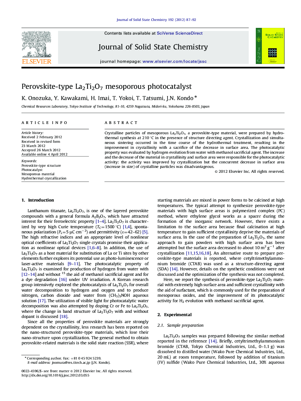 Perovskite-type La2Ti2O7 mesoporous photocatalyst