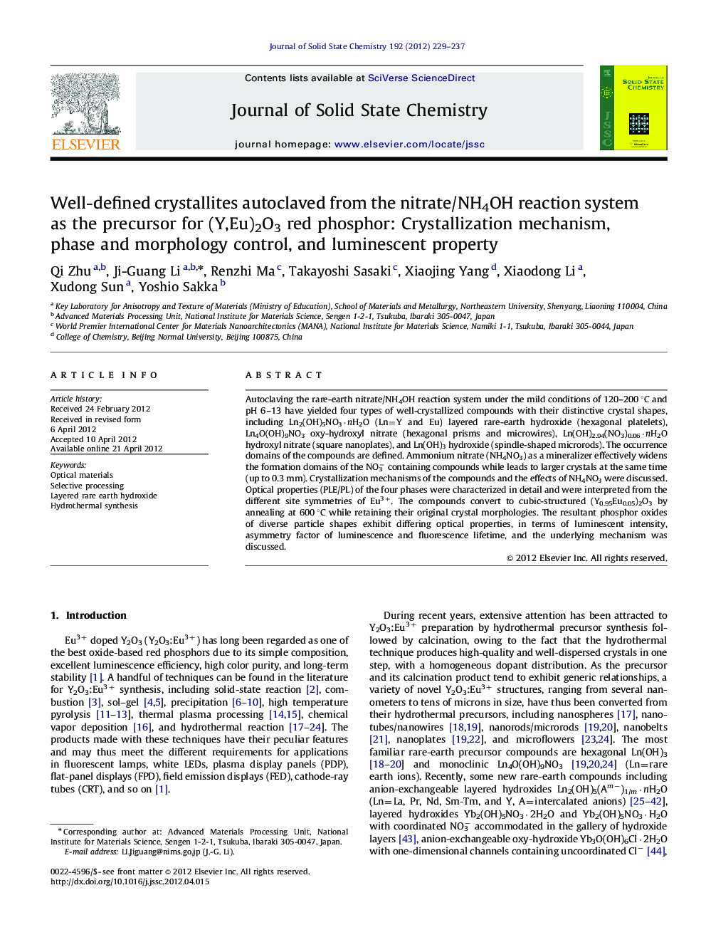 Well-defined crystallites autoclaved from the nitrate/NH4OH reaction system as the precursor for (Y,Eu)2O3 red phosphor: Crystallization mechanism, phase and morphology control, and luminescent property