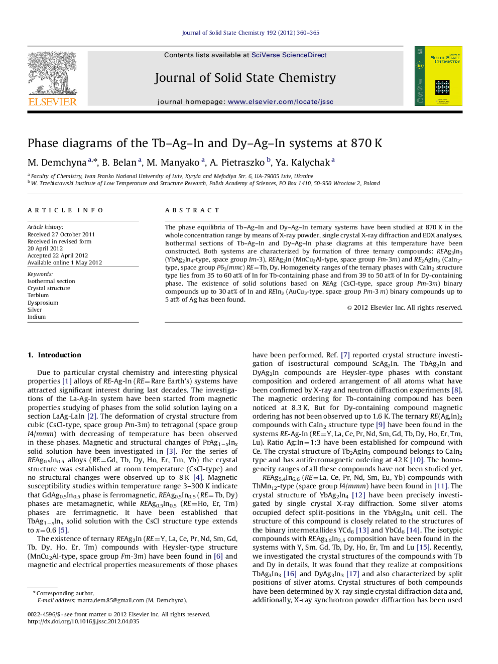 Phase diagrams of the Tb–Ag–In and Dy–Ag–In systems at 870 K