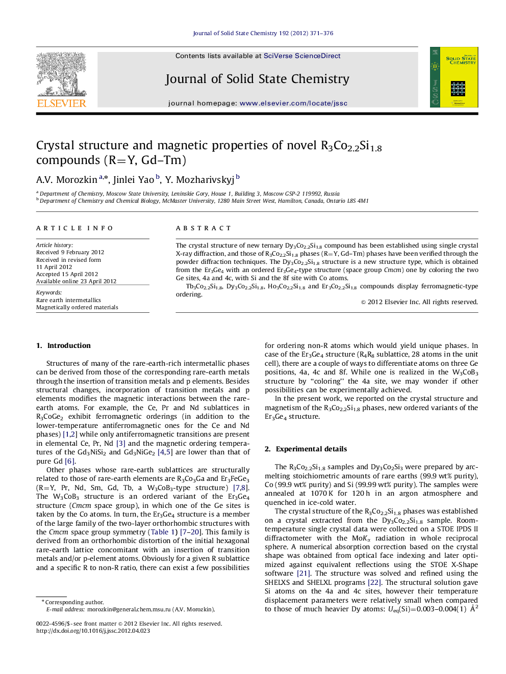 Crystal structure and magnetic properties of novel R3Co2.2Si1.8 compounds (R=Y, Gd–Tm)