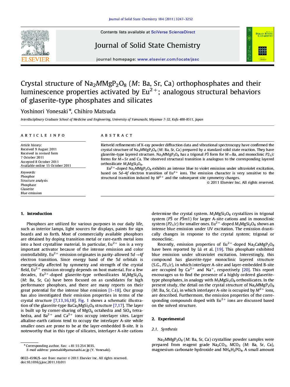 Crystal structure of Na2MMgP2O8 (M: Ba, Sr, Ca) orthophosphates and their luminescence properties activated by Eu2+; analogous structural behaviors of glaserite-type phosphates and silicates