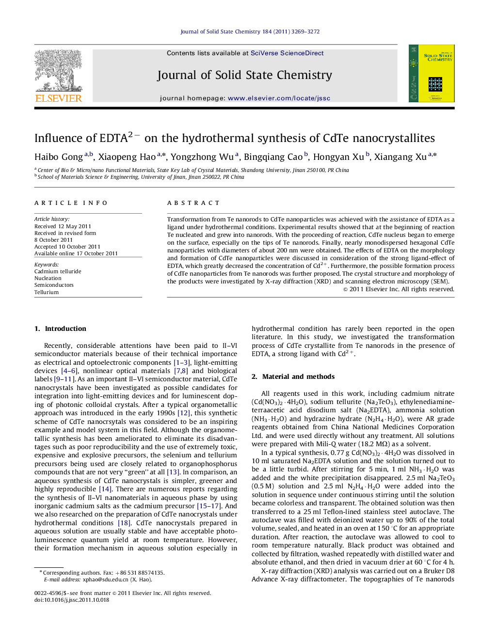 Influence of EDTA2â on the hydrothermal synthesis of CdTe nanocrystallites