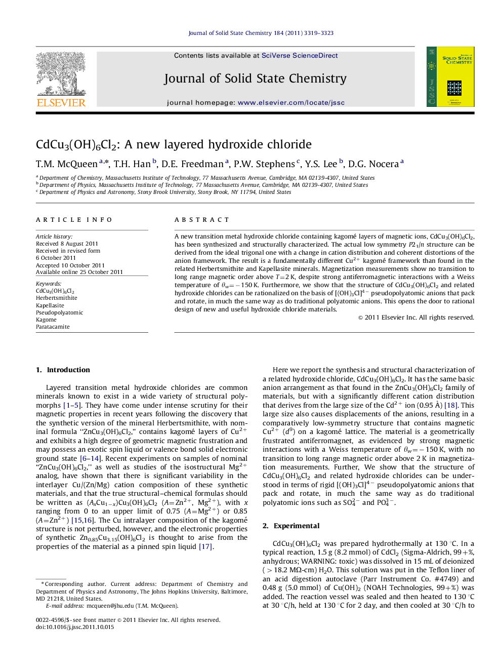 CdCu3(OH)6Cl2: A new layered hydroxide chloride