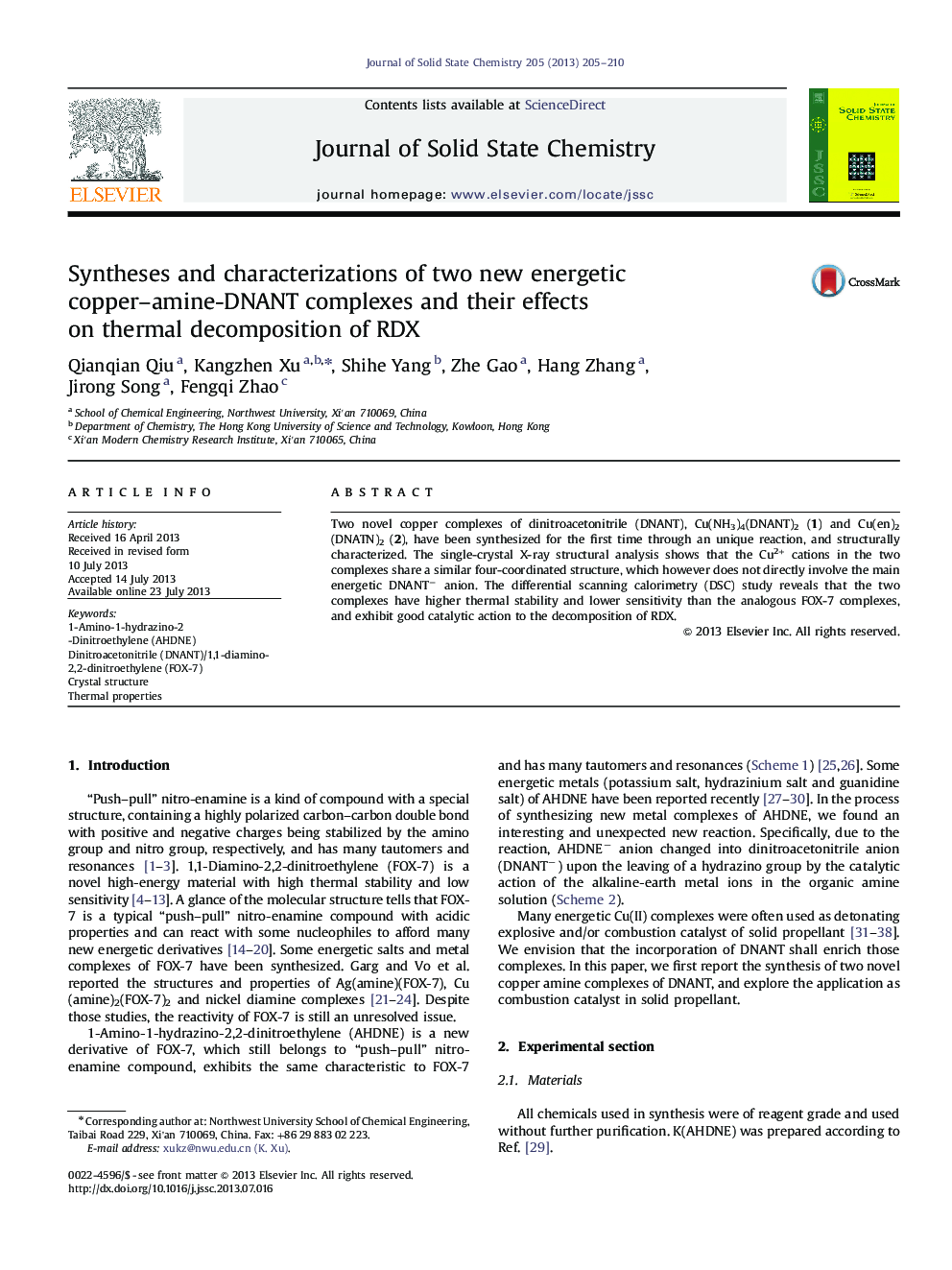 Syntheses and characterizations of two new energetic copper–amine-DNANT complexes and their effects on thermal decomposition of RDX