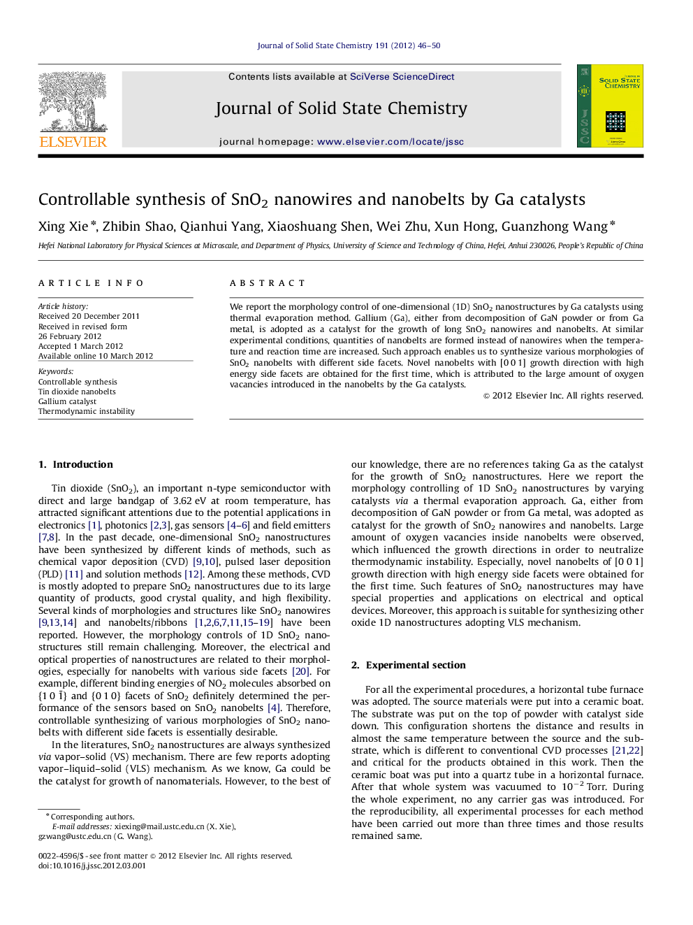 Controllable synthesis of SnO2 nanowires and nanobelts by Ga catalysts