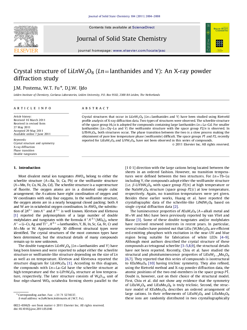 Crystal structure of LiLnW2O8 (Ln=lanthanides and Y): An X-ray powder diffraction study