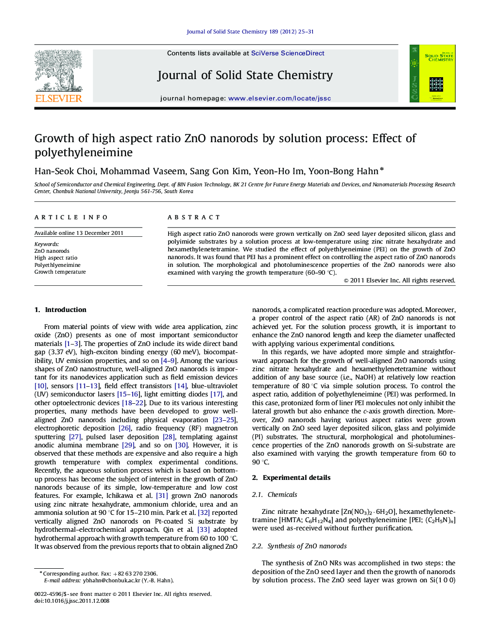 Growth of high aspect ratio ZnO nanorods by solution process: Effect of polyethyleneimine