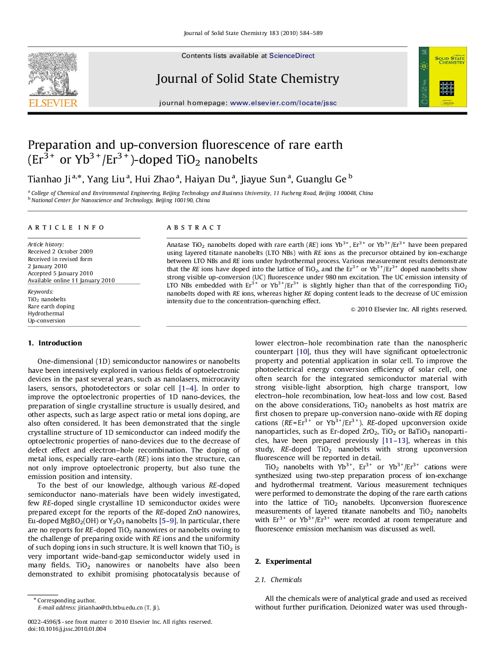 Preparation and up-conversion fluorescence of rare earth (Er3+ or Yb3+/Er3+)-doped TiO2 nanobelts