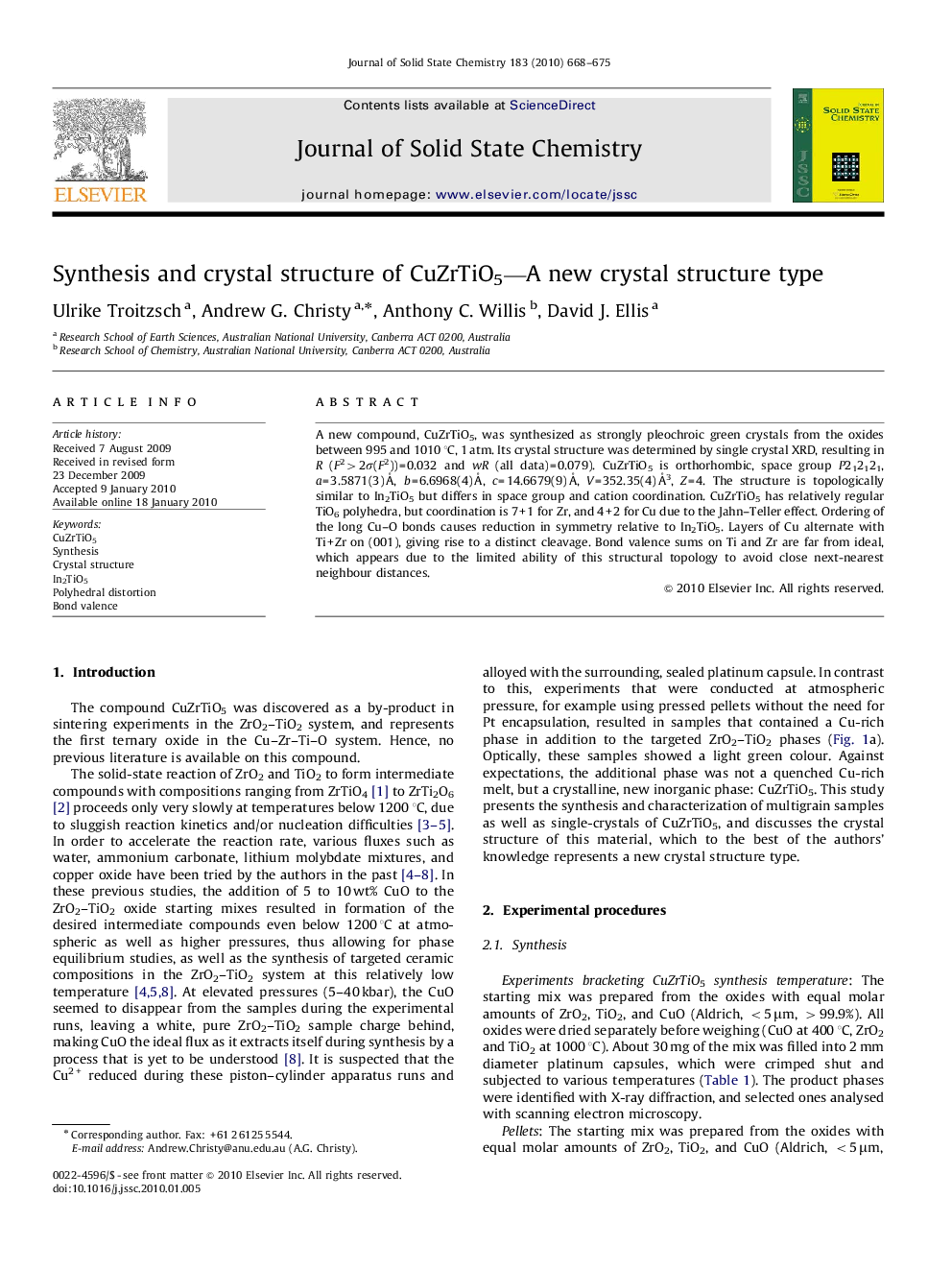 Synthesis and crystal structure of CuZrTiO5—A new crystal structure type