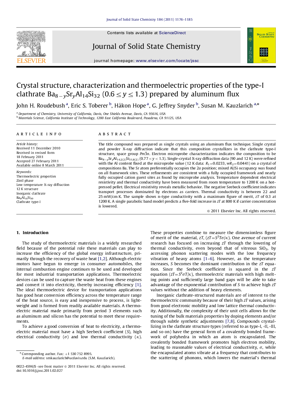 Crystal structure, characterization and thermoelectric properties of the type-I clathrate Ba8−ySryAl14Si32 (0.6≤y≤1.3) prepared by aluminum flux