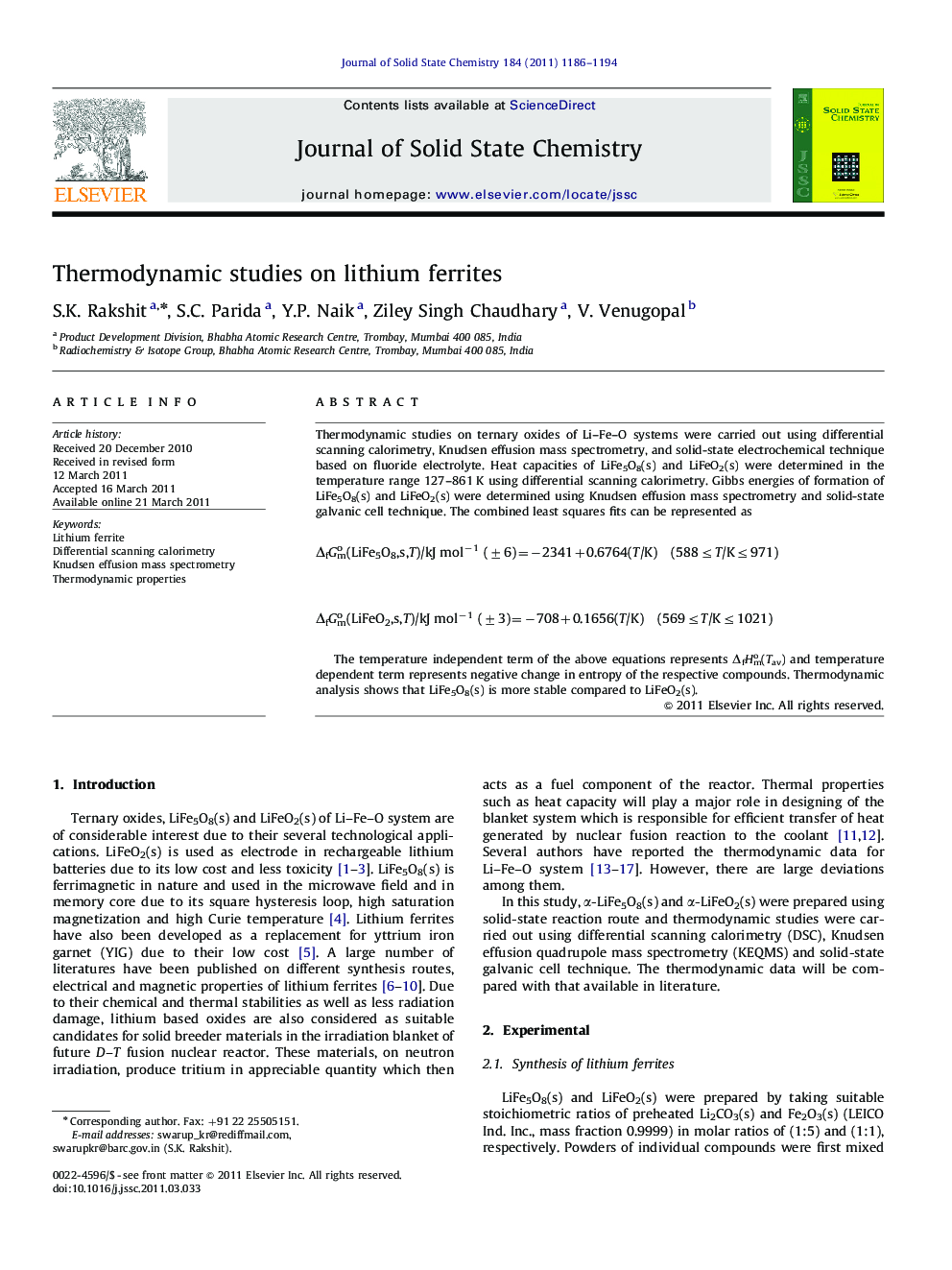 Thermodynamic studies on lithium ferrites