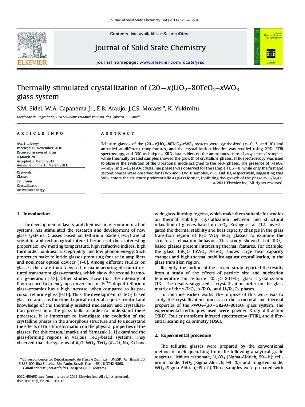 Thermally stimulated crystallization of (20−x)LiO2–80TeO2–xWO3 glass system