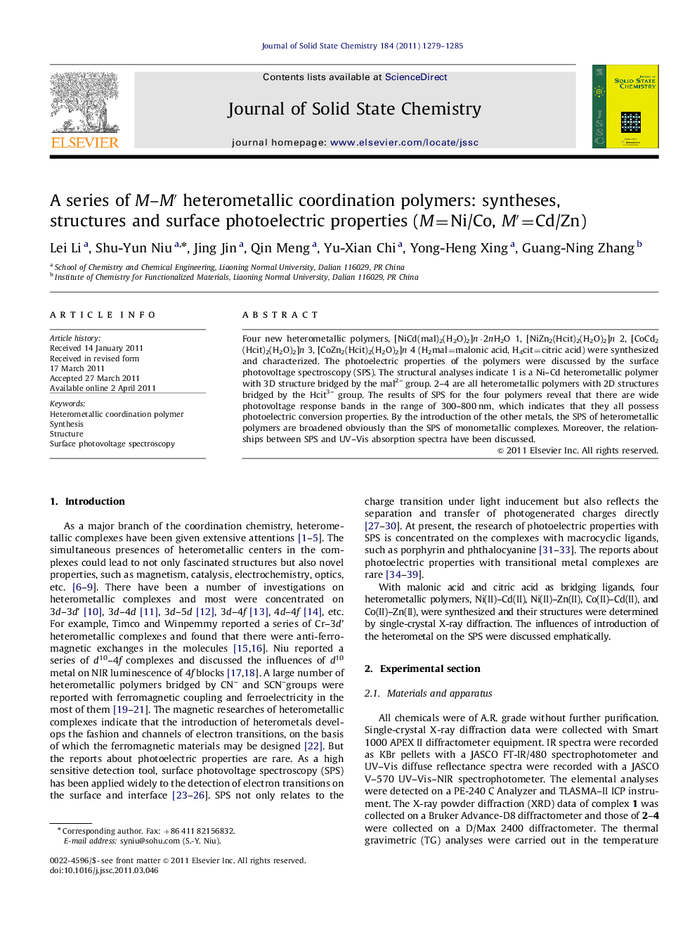 A series of M–M′ heterometallic coordination polymers: syntheses, structures and surface photoelectric properties (M=Ni/Co, M′=Cd/Zn)