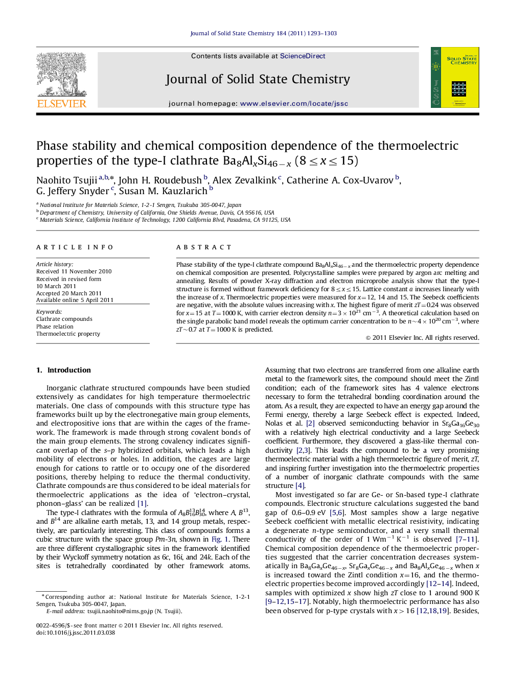 Phase stability and chemical composition dependence of the thermoelectric properties of the type-I clathrate Ba8AlxSi46−x (8≤x≤15)