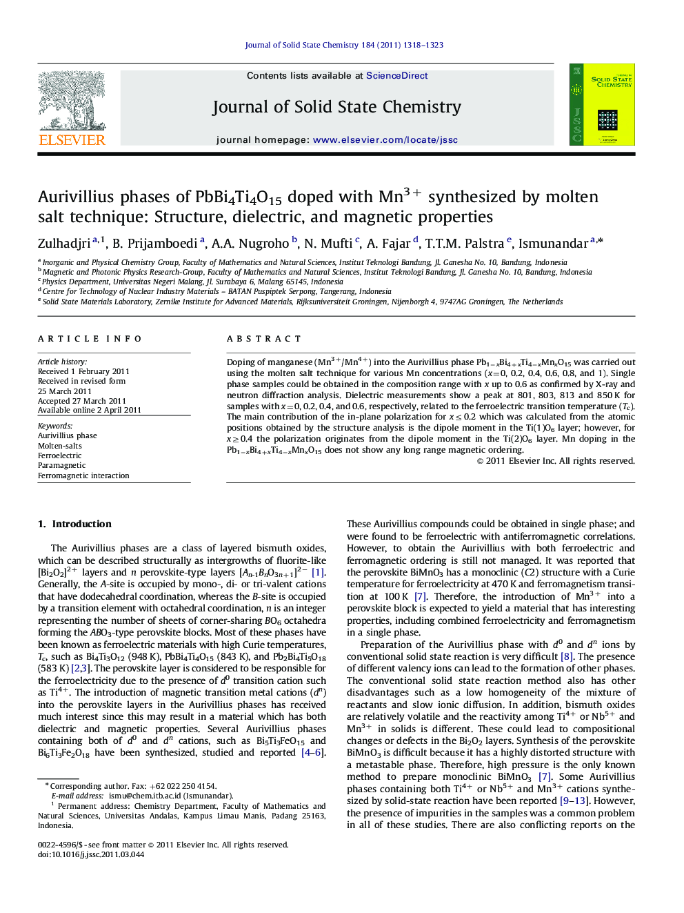 Aurivillius phases of PbBi4Ti4O15 doped with Mn3+ synthesized by molten salt technique: Structure, dielectric, and magnetic properties