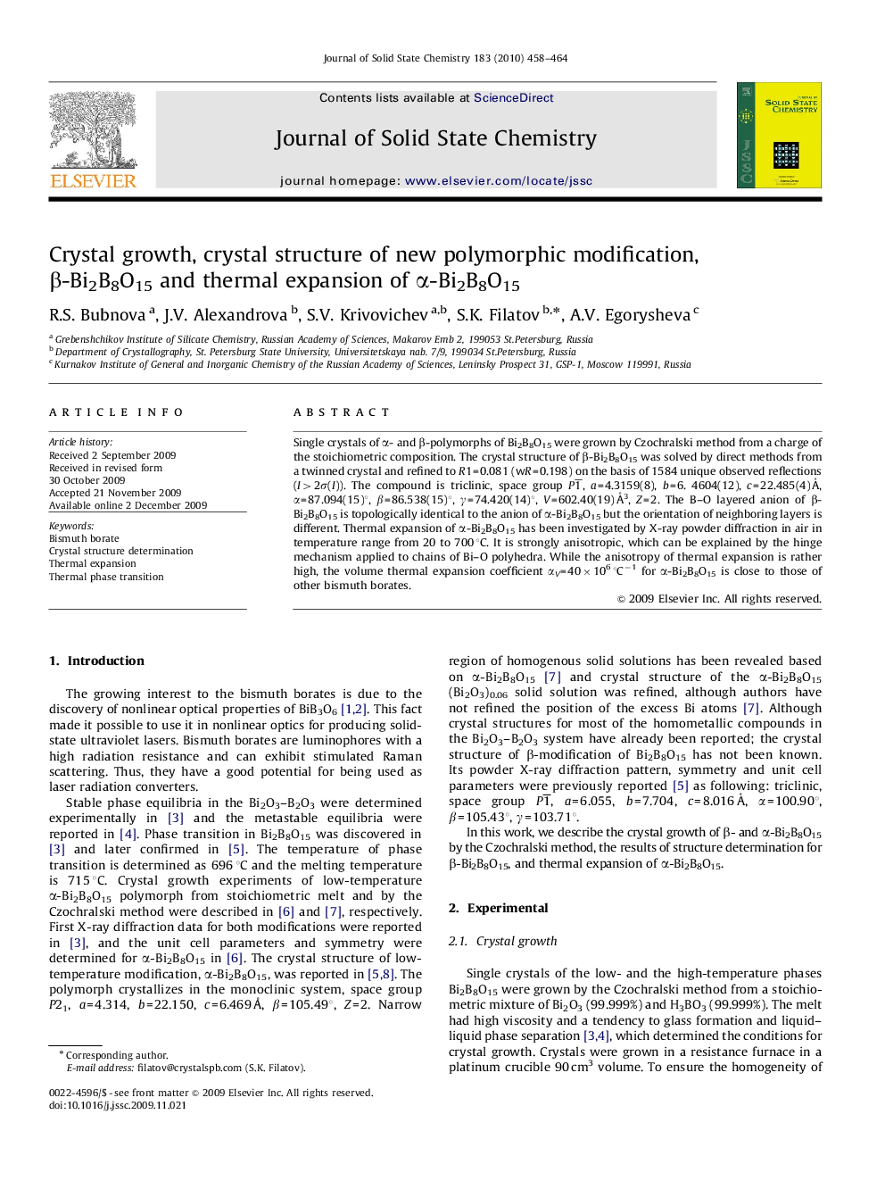 Crystal growth, crystal structure of new polymorphic modification, β-Bi2B8O15 and thermal expansion of α-Bi2B8O15