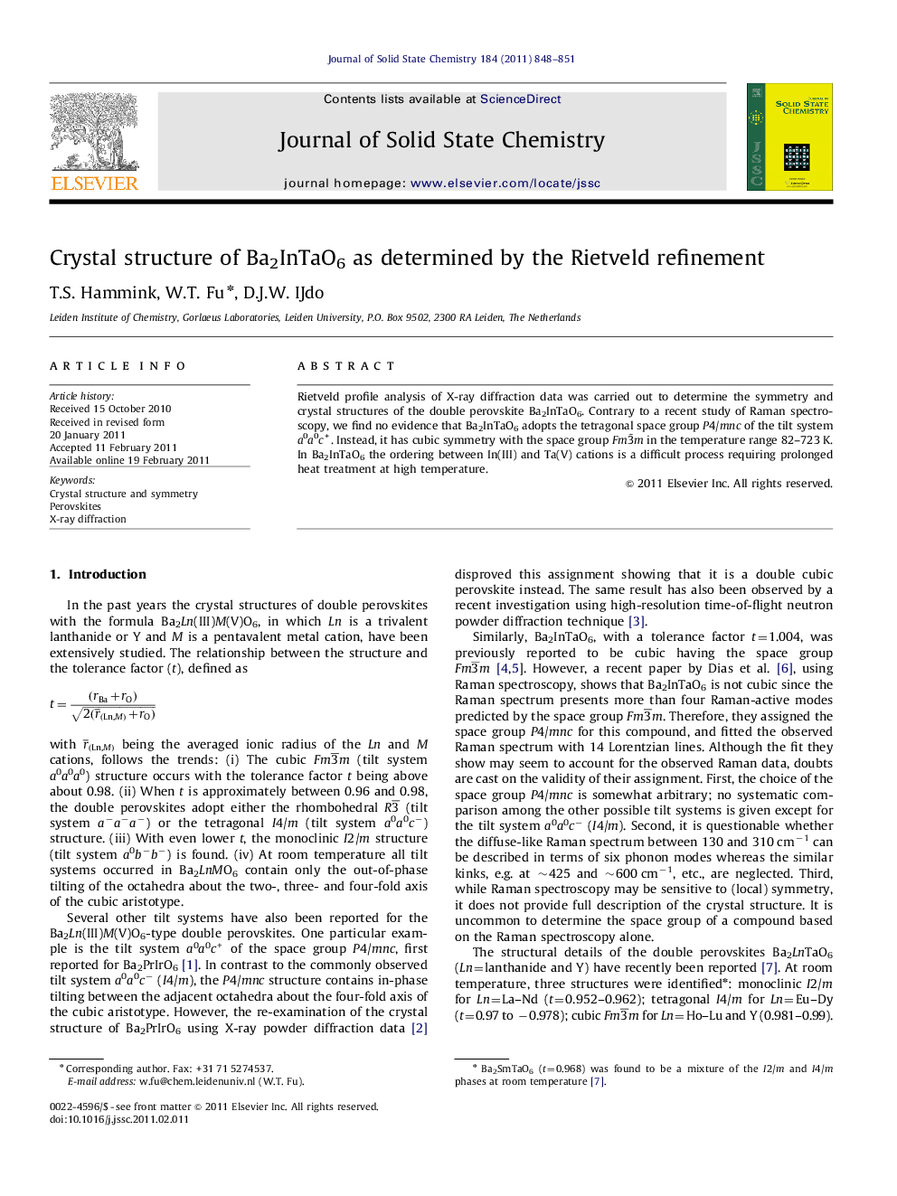 Crystal structure of Ba2InTaO6 as determined by the Rietveld refinement