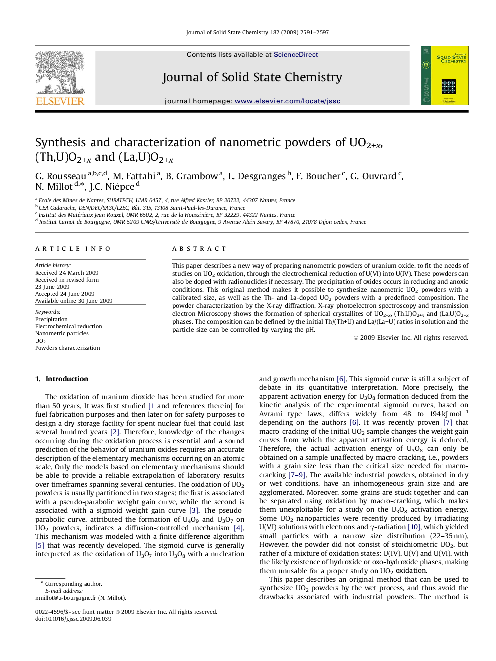 Synthesis and characterization of nanometric powders of UO2+x, (Th,U)O2+x and (La,U)O2+x