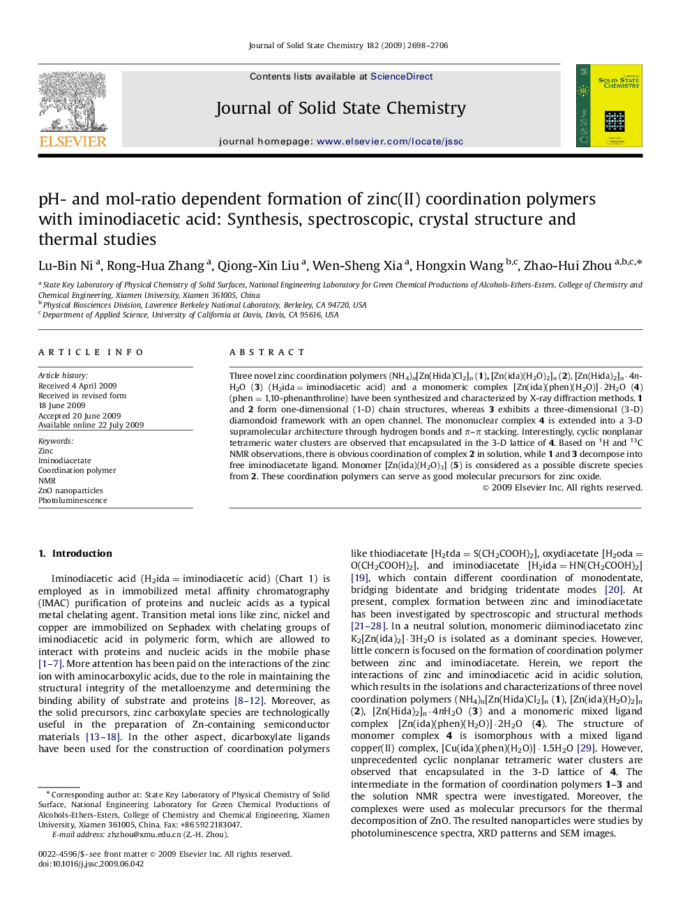 pH- and mol-ratio dependent formation of zinc(II) coordination polymers with iminodiacetic acid: Synthesis, spectroscopic, crystal structure and thermal studies