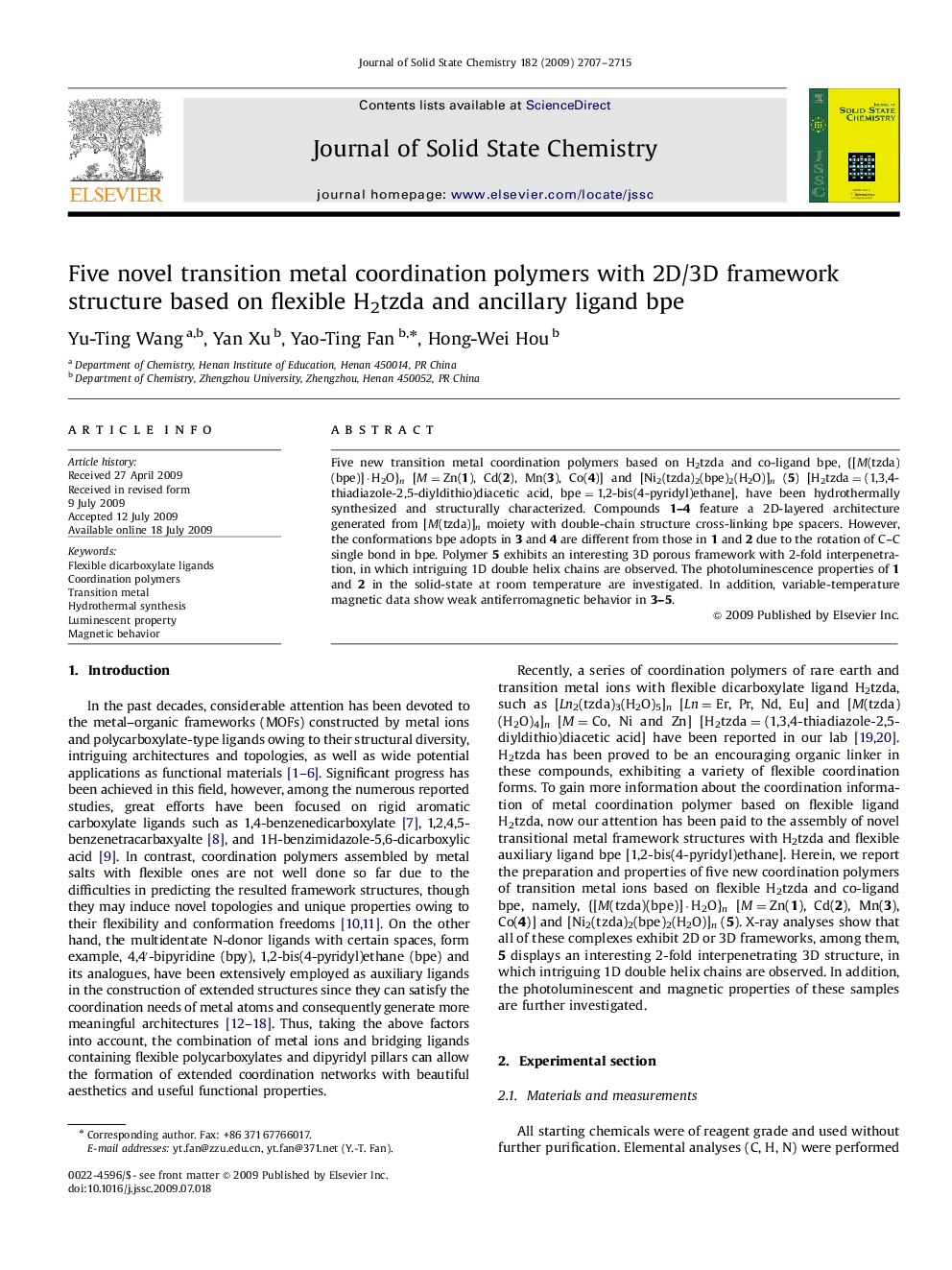 Five novel transition metal coordination polymers with 2D/3D framework structure based on flexible H2tzda and ancillary ligand bpe